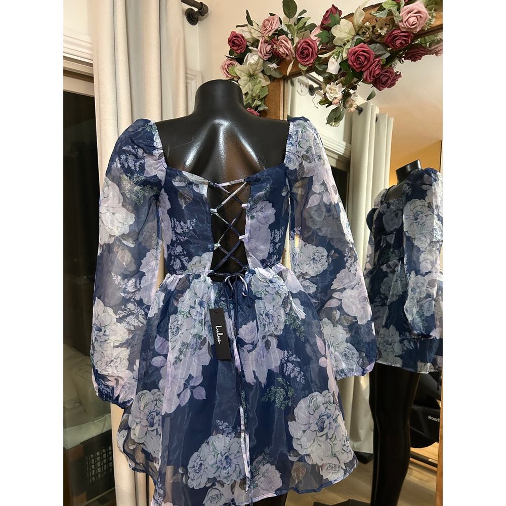 NWT Lulus Positively Enchanting Blue Floral Organza Bustier Mini Dress Sz M - Picture 6 of 9